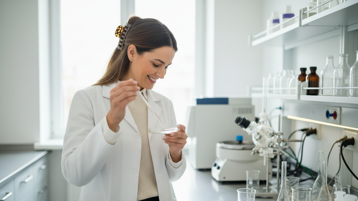 Put her in a lab coat and have her hair pulled into a claw clip